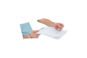 Poster - Digital png photo of male hands holding pen and clipboard with copy space on transparent background