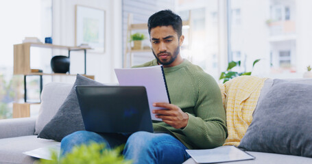 Poster - Laptop, documents and man on sofa for finance planning, internet banking and budget at home. Living room, remote work and person with paperwork, report and computer for insurance, website and payment