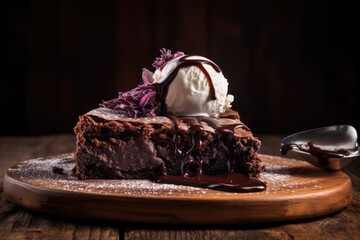 Swedish dessert Kladdkaka on the plate. Generative AI