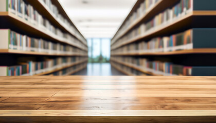 Empty wooden table and modern library background, product display.