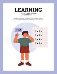 Wall Mural - Difficulties learning and dyslexia concept, boy difficulty in counting vector poster, pupil needs help with calculating