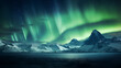 iceberg in polar regions, Aurora borealis at mountain landscape., The tranquil landscape of reflections and snow-capped peaks was illuminated by the majestic Aurora borealis.


