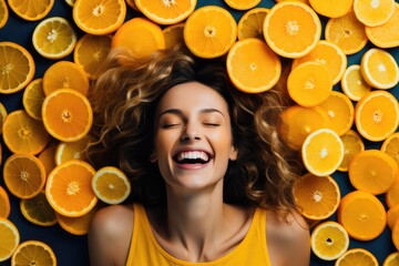 Happy girl lies in orange slices. Concept of skin health thanks to vitamin C.