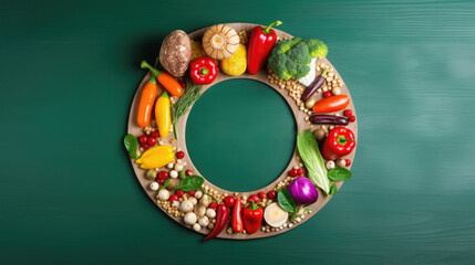 Wall Mural - Frame made of fresh vegetables on green background. Healthy food concept.