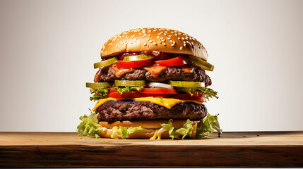 Wall Mural - Half part of burger on the wooden desk. White background. made with generative ai