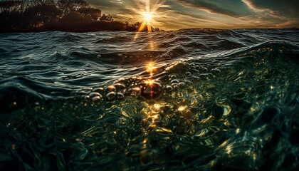 Poster - Sunset over tranquil seascape, underwater beauty and tropical climate adventure generated by AI