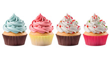 Cupcake Muffin With Icing Frosting On Transparent Background Cutout. PNG File. Many Assorted Different Flavour. Mockup Template For Artwork Design