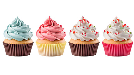 Cupcake muffin with icing frosting on transparent background cutout. PNG file. Many assorted different flavour. Mockup template for artwork design