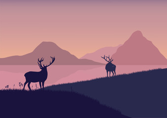 Wall Mural - Deer near a lake and nature. Vector illustration.