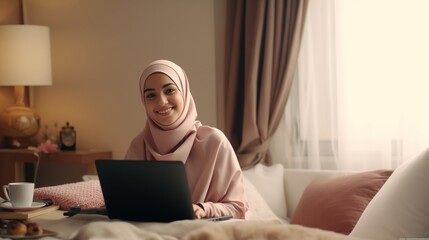 Happy young muslim woman sit on bed with computer laptop and coffee cup on folding laptop table, portable holder stand hold paperwork video online meeting in bedroom at home