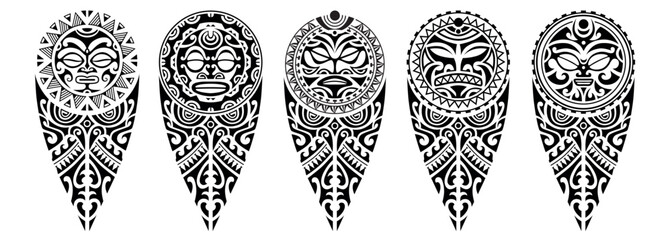 Wall Mural - Set of tattoo sketch maori style for leg or shoulder with sun symbols face. Black and white.