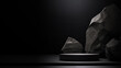 © chiew - Black, dark and gray geometric Stone and Rock shape background, minimalist mockup for podium display showcase, studio room, Platform illuminated by spotlights, interior texture for display products