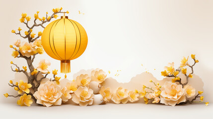 Greeting card,Chinese new year, Year of Dragon,lunar new year,golden dragon,festival,yellow peony, lanterns, chinese lanterns, lamp, moon,paper cut,wall paper, background,white background,with space f