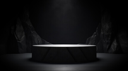 Black, dark and gray geometric Stone and Rock shape background, minimalist mockup for podium display showcase, studio room, Platform illuminated by spotlights, interior texture for display products