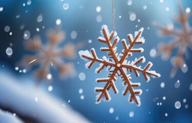 Beautiful decorative snowflakes in the snow against a blue natural background with falling snow and bokeh. Christmas winter background for design