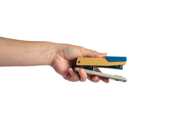 Wall Mural - stapler, view side stapler with hand pressed on transparent background.