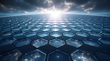 A series of geometrically arranged hexagons forming a high-tech solar panel array, emphasizing the synergy of elements, technology, and detailed engineering