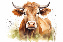 A Cow In Nature In Watercolor Art Style