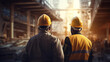 © Dirk - copy space, stockphoto, ethnic Industrial workers in safety vests and hard hats collaborating on a project. Blue collar workers in an industrial setting.