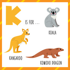 Wall Mural - Learning English alphabet for kids. Letter K. Cute cartoon koala kangaroo komodo dragon.