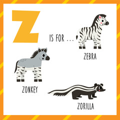 Wall Mural -  Learning English alphabet for kids. Letter z. Cute cartoon zebra zonkey zorilla.