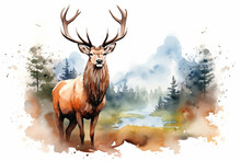 A Deer In Nature In Watercolor Art Style