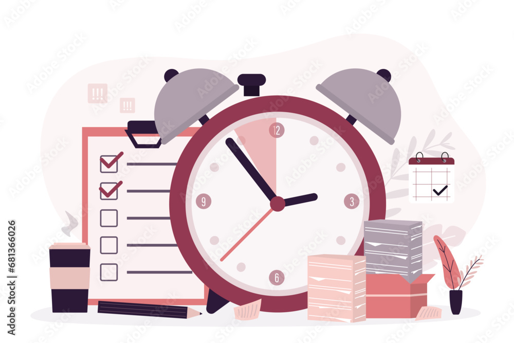 Checklist paper, to do list. Time management, concept. Alarm watch with ...