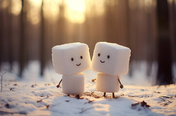 Two snowmen in love walk in a snowy forest