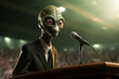An alien politician speaking publicly on podium. Surprised humanoid in a suit at a microphone, humor
