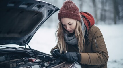 A young woman repairs a car in winter on the snow in the background. The foreground is a dead battery.