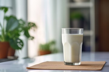 Canvas Print - milk in glass on table and kitchen with monstera plant on the background