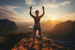 strong confident fit woman with arms in the air on the peak and sun on the background