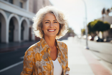 smiling attractive mature woman in the city