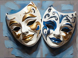 oil paint art of a realistic theatre drama masks. Theatre drama masks concept. 