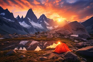 Wall Mural - Tent in the mountains at sunset. Beautiful summer landscape with a tent.