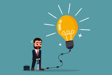 Businessman Pumping Air Into An Idea Bulb Or Idea To Make It Bigger. Generating New And Creative Ideas. Developing An Idea Or Invention. Increasing The Potential Of Thinking To Improve Business.
