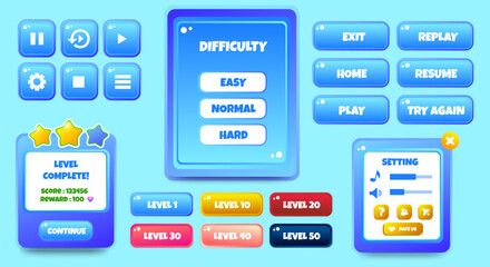game ui kit, cartoon gaming interface buttons, icons, menu. set of circle buttons for game. vector