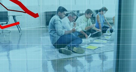 Sticker - Animation of falling graphs over diverse coworkers sitting on floor and preparing reports in office