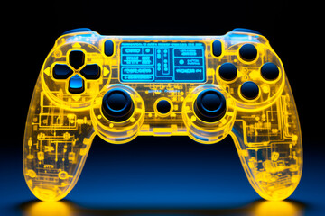 Poster - Yellow glowing gamepad or joystick. Modern gamepad for video games. Computer games concept.