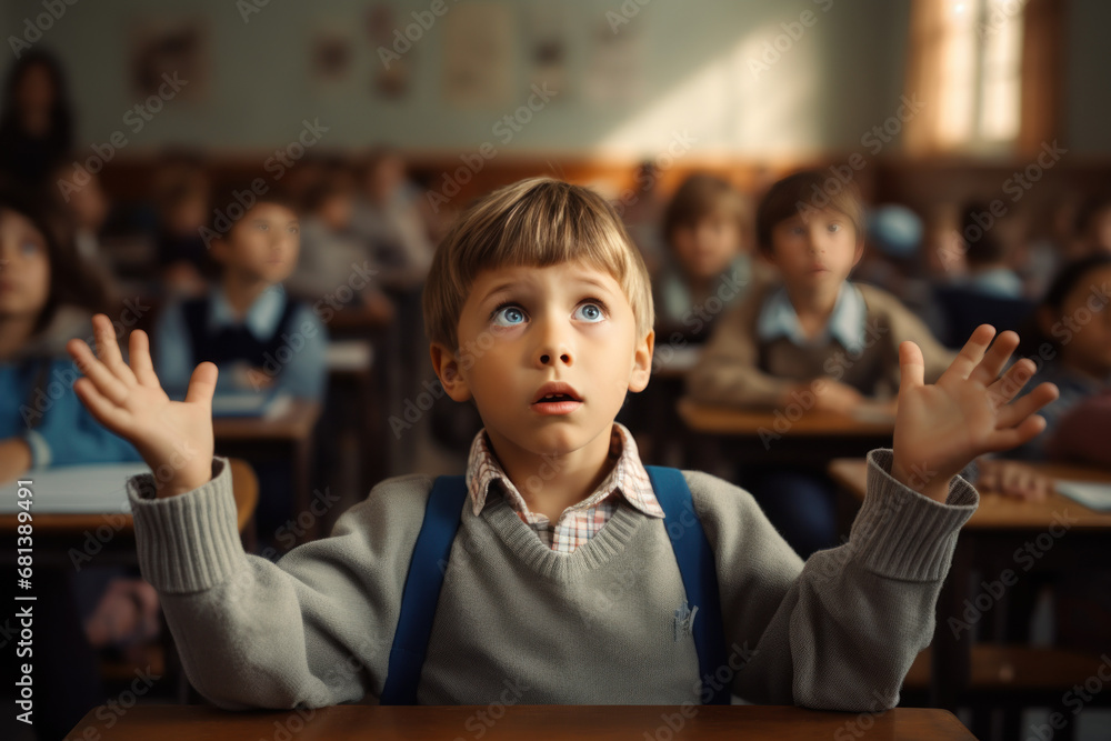 Elementary school boy raising his hand in the classroom Many students ...
