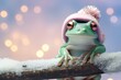Frog perched on the top of a branch Christmas pastel background, copy space. Generative AI.