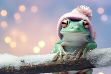 Frog Perched On The Top Of A Branch Christmas Pastel Background, Copy Space. Generative AI.