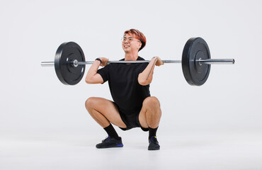 Isolated cutout full body studio shot of strong Asian male fitness athlete sportsman trainer model in casual sport workout outfit lifting barbell training exercising deadlift on white background