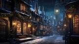 Fototapeta Londyn - winter night city, narrow street, Christmas