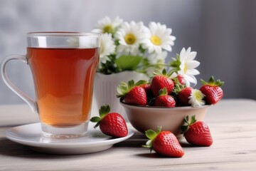 Canvas Print - cup of tea with strawberries