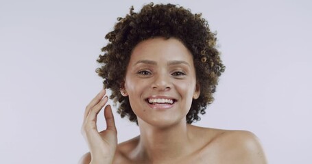 Sticker - Hair, beauty and face of happy black woman with self care in studio and white background. Natural, haircare and portrait of person with confidence, joy and wink for skincare or flirting in salon