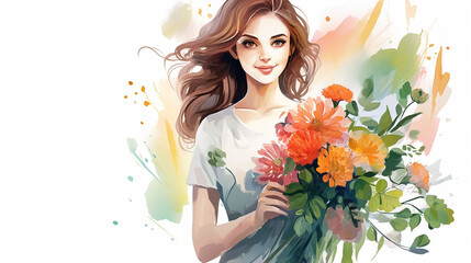 Poster - Floral bouquet on hand. Woman with flower bouquet. watercolor illustration on white background.