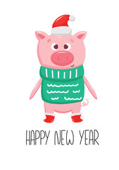 Wall Mural - New Year card with cute pig in christmas red hat and boots. Vector