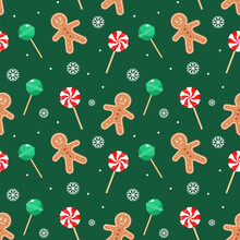 Christmas Seamless Pattern With Gingerbread Men, Snowflakes, Candy Canes And Socks. Festive Green Background, Vector