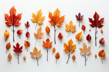 Wall Mural - vibrant autumn leaves gracefully arranged on a white background create a visually appealing and calm